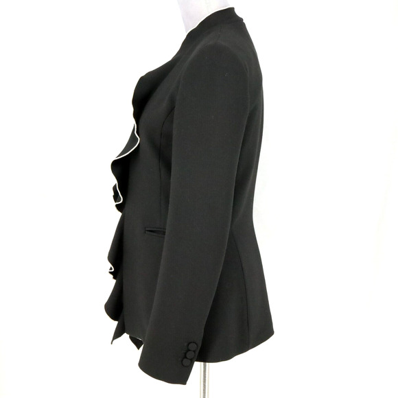 Zara Basic Jacket Womens Small Black White Trim Ruffle Front Lined Open Pockets - Picture 5 of 16